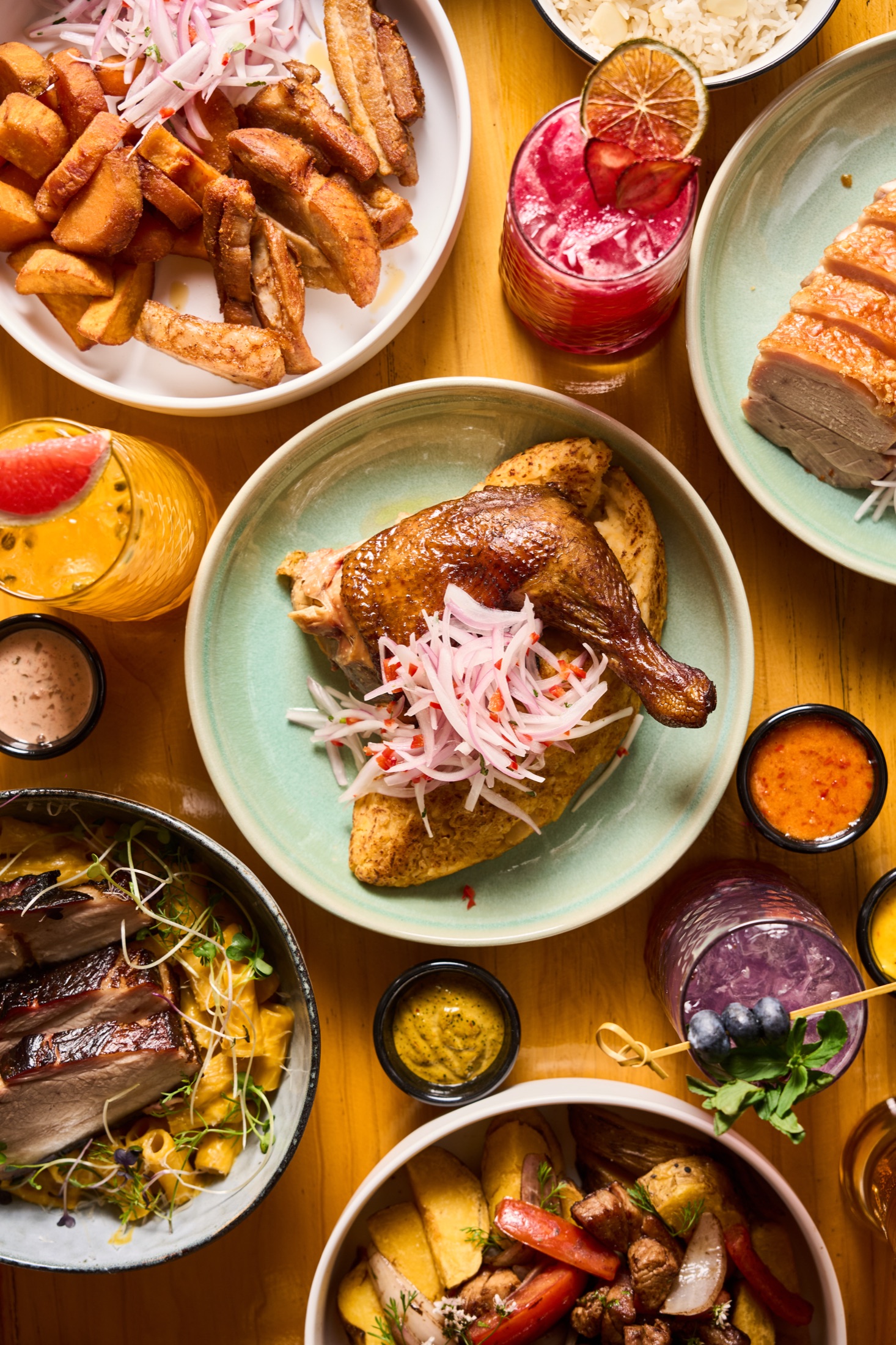 Overhead spread of Humo dishes